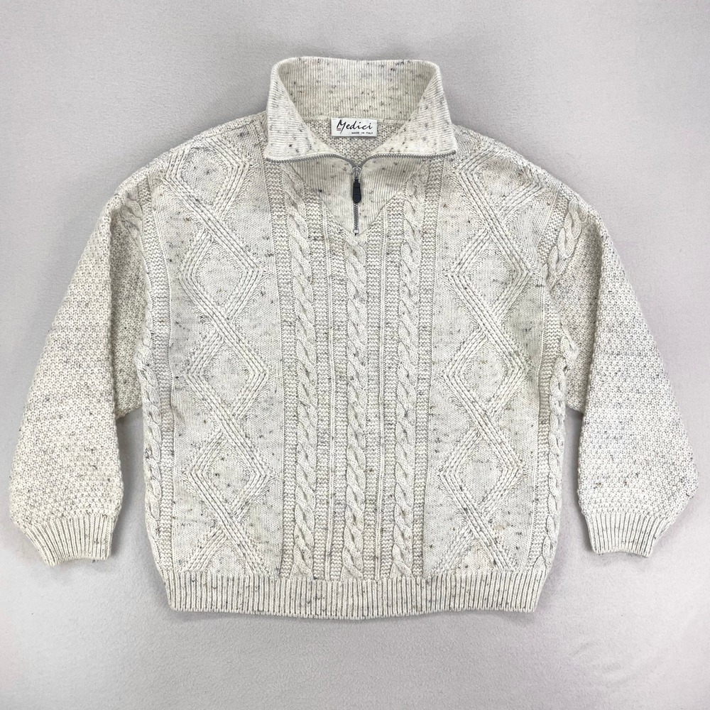 Medici Fisherman Sweater Mens 42/XL Cable Knit Chunky Wool Blend Flake Speckle
